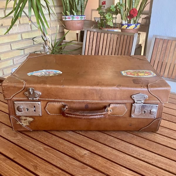 Maleta neceser de viaje vintage completo con accesorios - cuero marrón - años 50