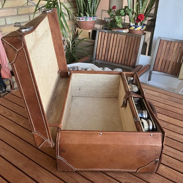 Maleta neceser de viaje vintage completo con accesorios originales- cuero - años 50
