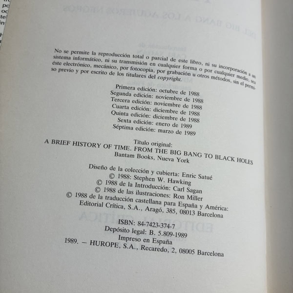 Historia del tiempo — Stephen Hawking | Editorial Crítica 1989
