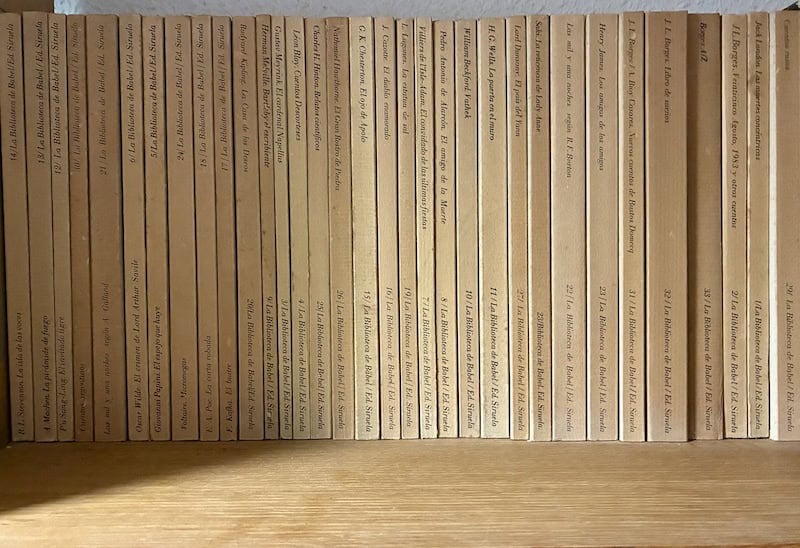 Los 33 lomos de La Biblioteca de Babel de Siruela alineados en una estantería